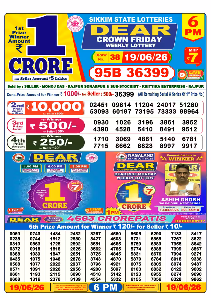 Dear Crown Friday Weekly Lottery 6 PM 19 Jun 2026