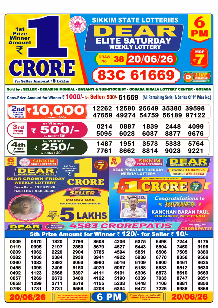 Dear Elite Saturday Weekly Lottery 6 PM 20 Jun 2026