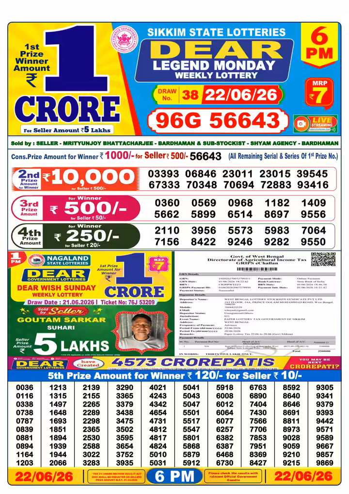 Dear Legend Monday Weekly Lottery 6 PM ২২ জুন, ২০২৬