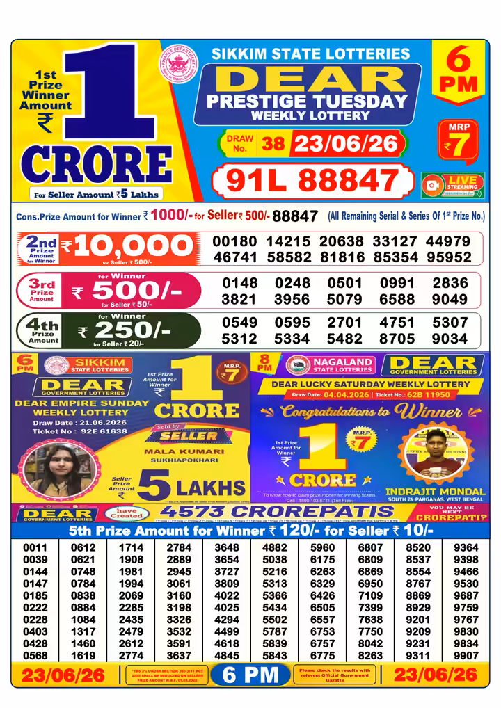 Dear Prestige Tuesday Weekly Lottery 6 PM 23 Jun 2026