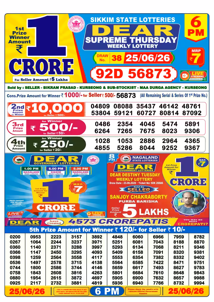 Dear Supreme Thursday Weekly Lottery 6 PM 25 Jun 2026