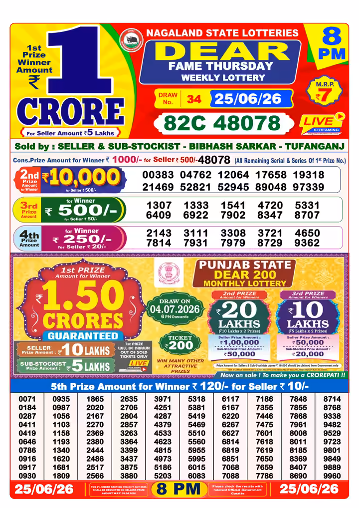 Dear Fame Thursday Weekly Lottery 8 PM 25 Jun 2026