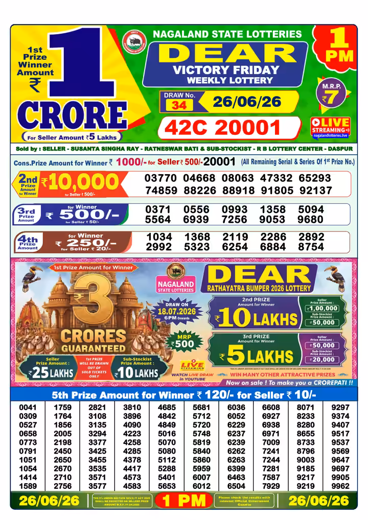 Dear Victory Friday Weekly Lottery 1 PM 26 Jun 2026