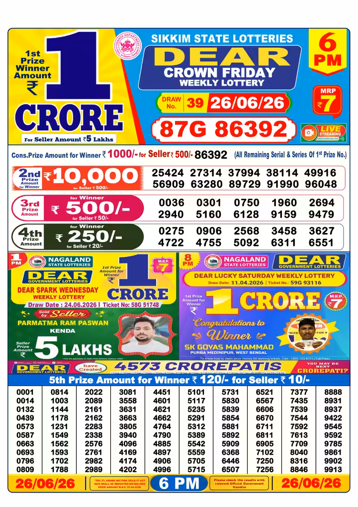 Dear Crown Friday Weekly Lottery 6 PM 26 Jun 2026