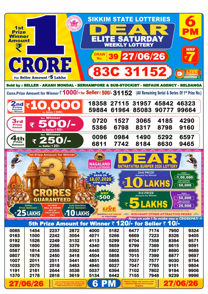 Dear Elite Saturday Weekly Lottery 6 PM 27 Jun 2026
