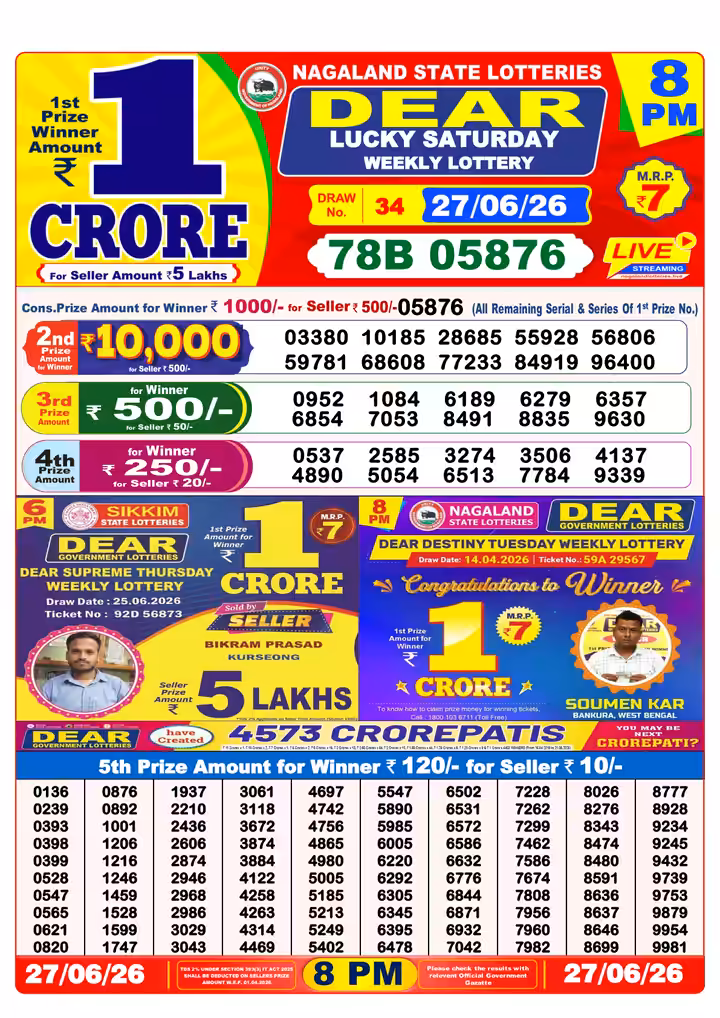 Dear Lucky Saturday Weekly Lottery 8 PM 27 Jun 2026