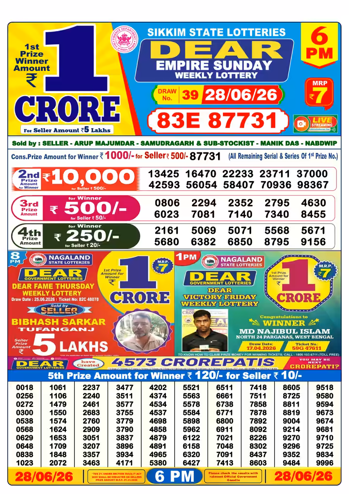 Dear Empire Sunday Weekly Lottery 6 PM 28 Jun 2026