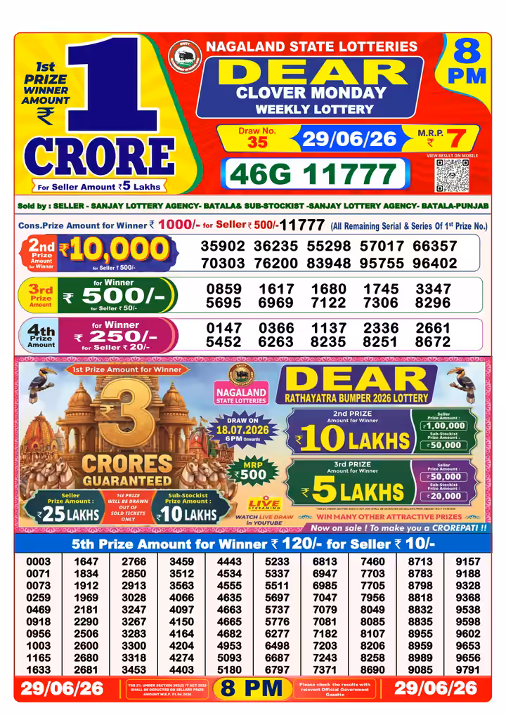 Dear Clover Monday Weekly Lottery 8 PM 29 Jun 2026