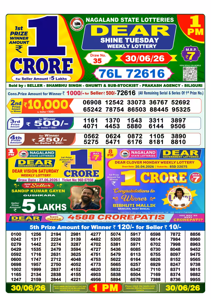 Dear Shine Tuesday Weekly Lottery 1 PM 30 Jun 2026