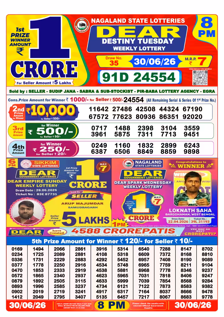 Dear Destiny Tuesday Weekly Lottery 8 PM 30 Jun 2026