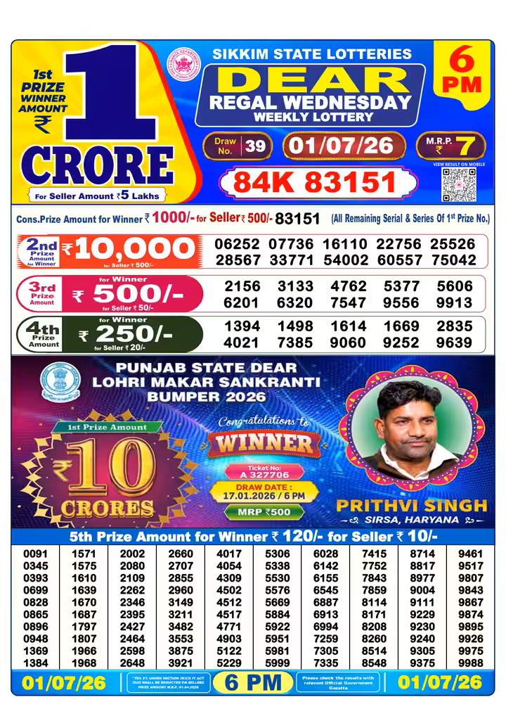 Dear Regal Wednesday Weekly Lottery 6 PM 01 Jul 2026