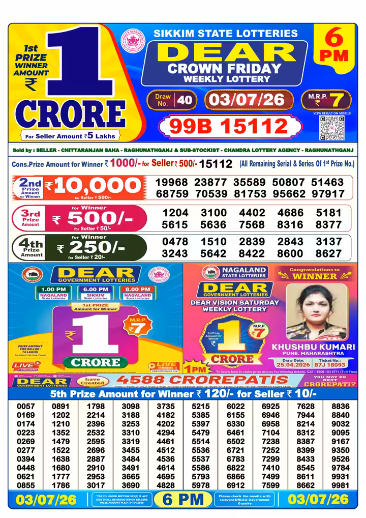 Dear Crown Friday Weekly Lottery 6 PM 03 Jul 2026