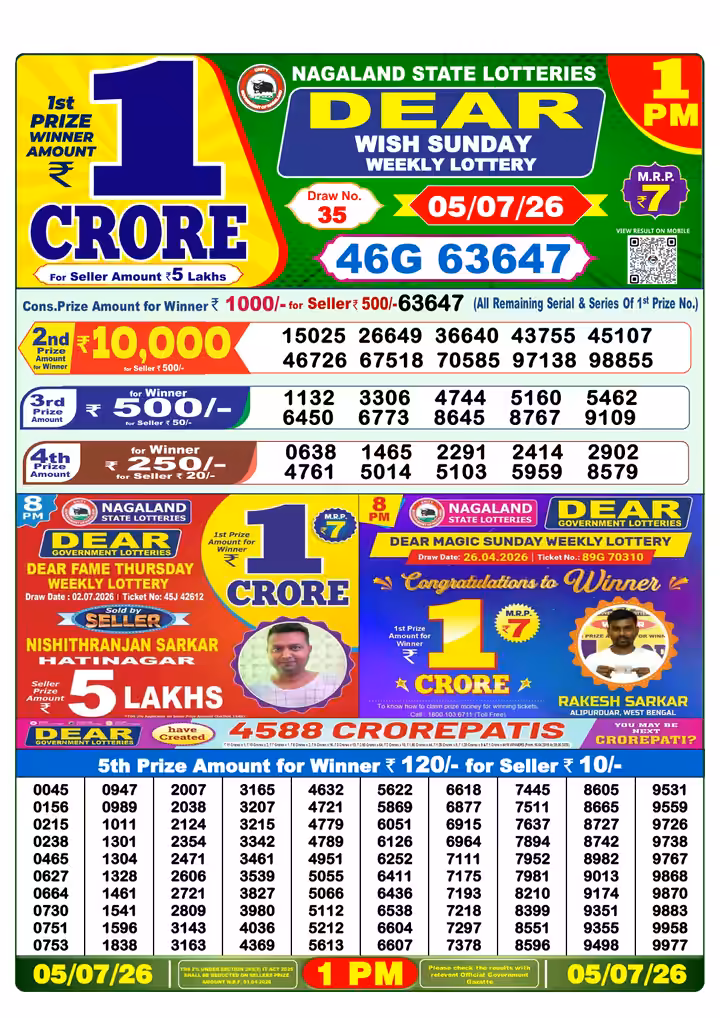Dear Wish Sunday Weekly Lottery 1 PM 05 Jul 2026