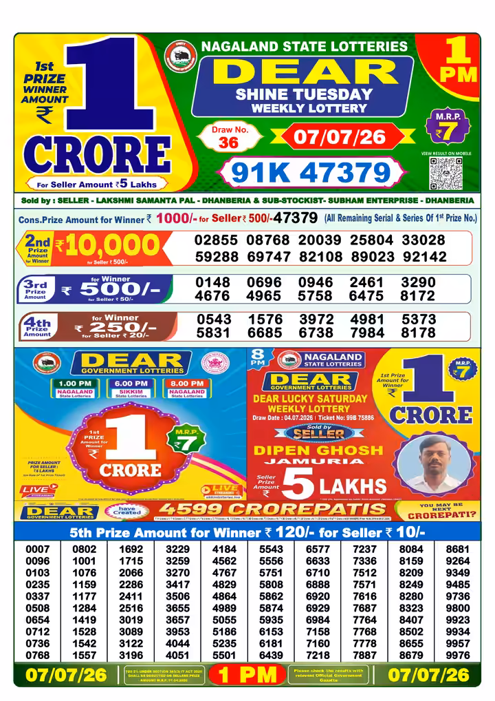 Dear Shine Tuesday Weekly Lottery 1 PM 07 Jul 2026