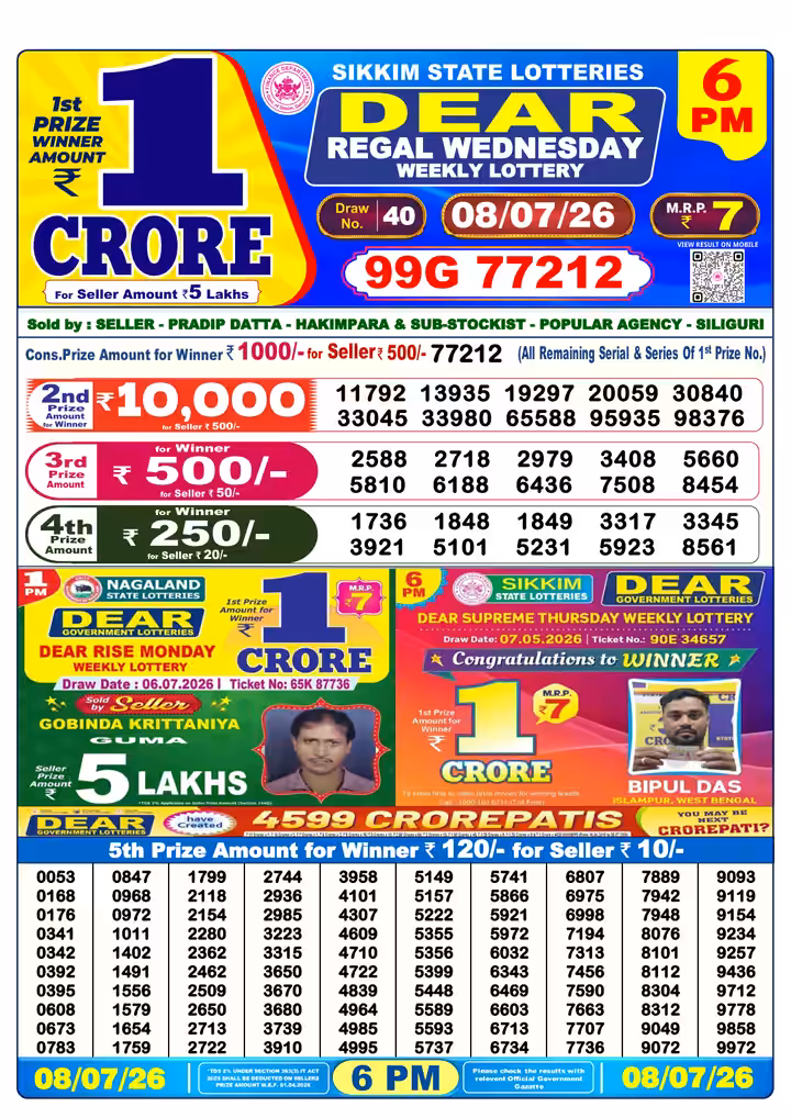 Dear Regal Wednesday Weekly Lottery 6 PM 08 Jul 2026