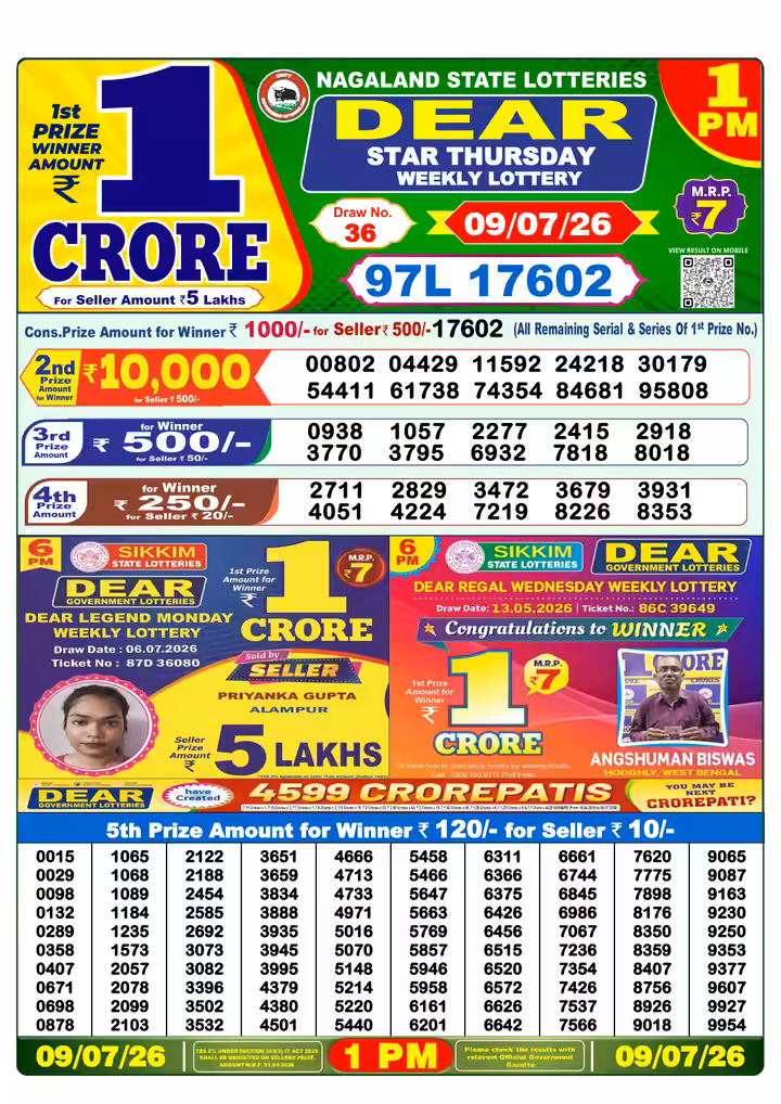 Dear Star Thursday Weekly Lottery 1 PM 09 Jul 2026