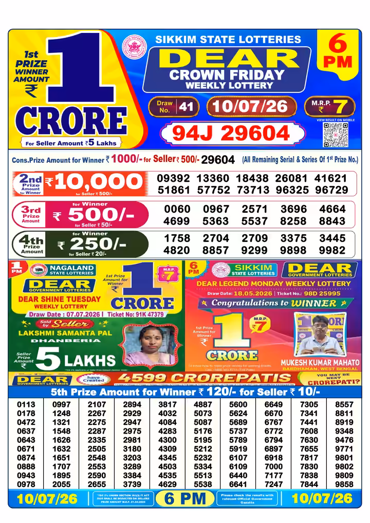 Dear Crown Friday Weekly Lottery 6 PM 10 Jul 2026