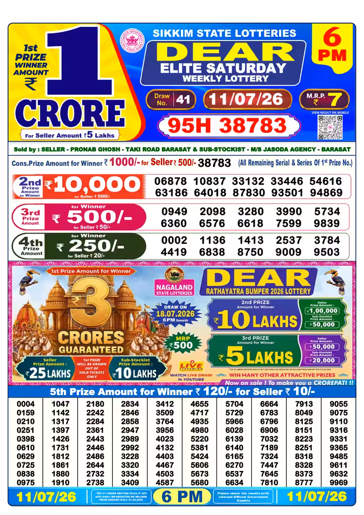 Dear Elite Saturday Weekly Lottery 6 PM 11 Jul 2026