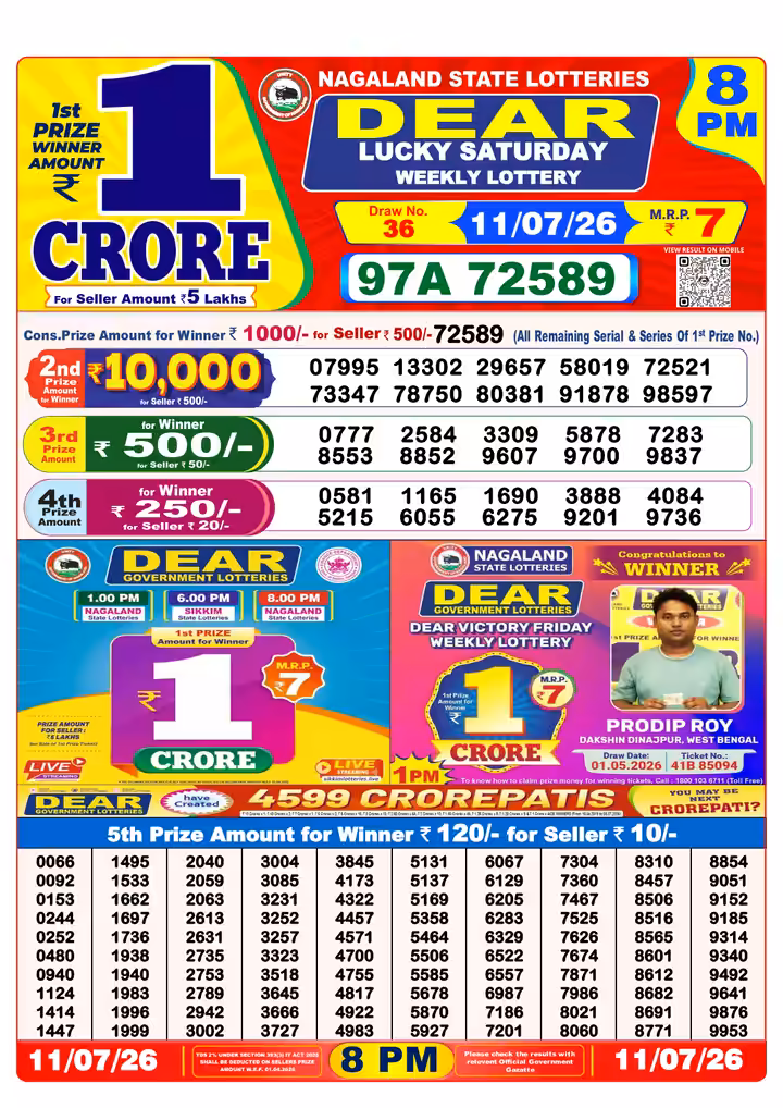 Dear Lucky Saturday Weekly Lottery 8 PM 11 Jul 2026