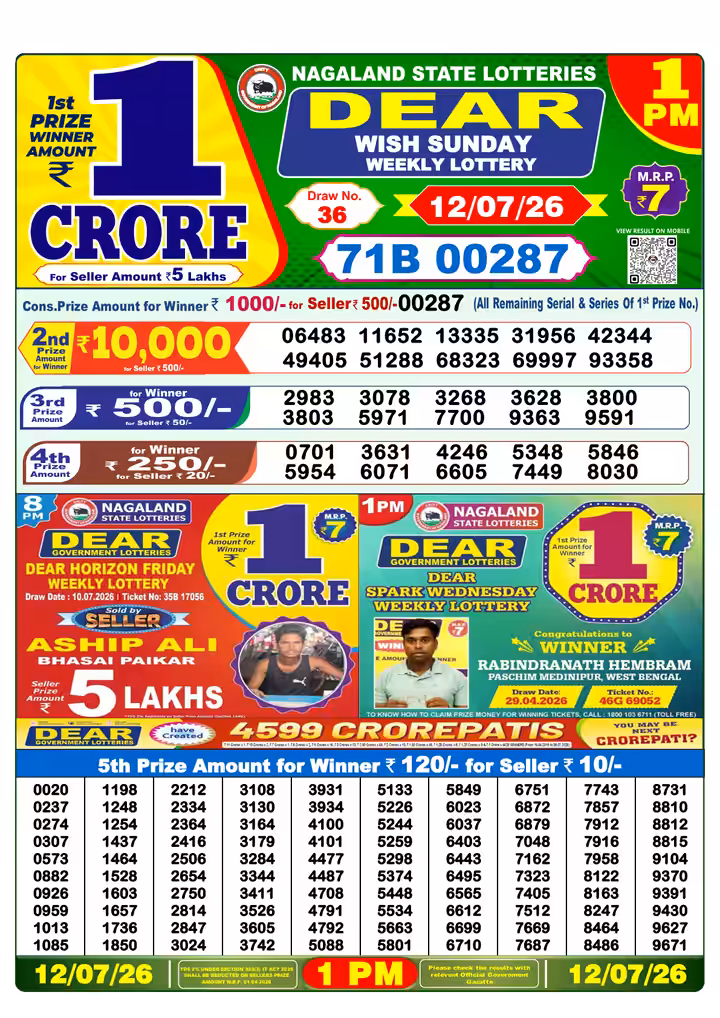 Dear Wish Sunday Weekly Lottery 1 PM 12 Jul 2026