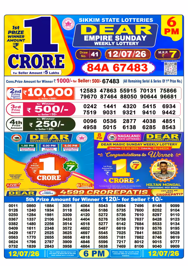 Dear Empire Sunday Weekly Lottery 6 PM 12 Jul 2026