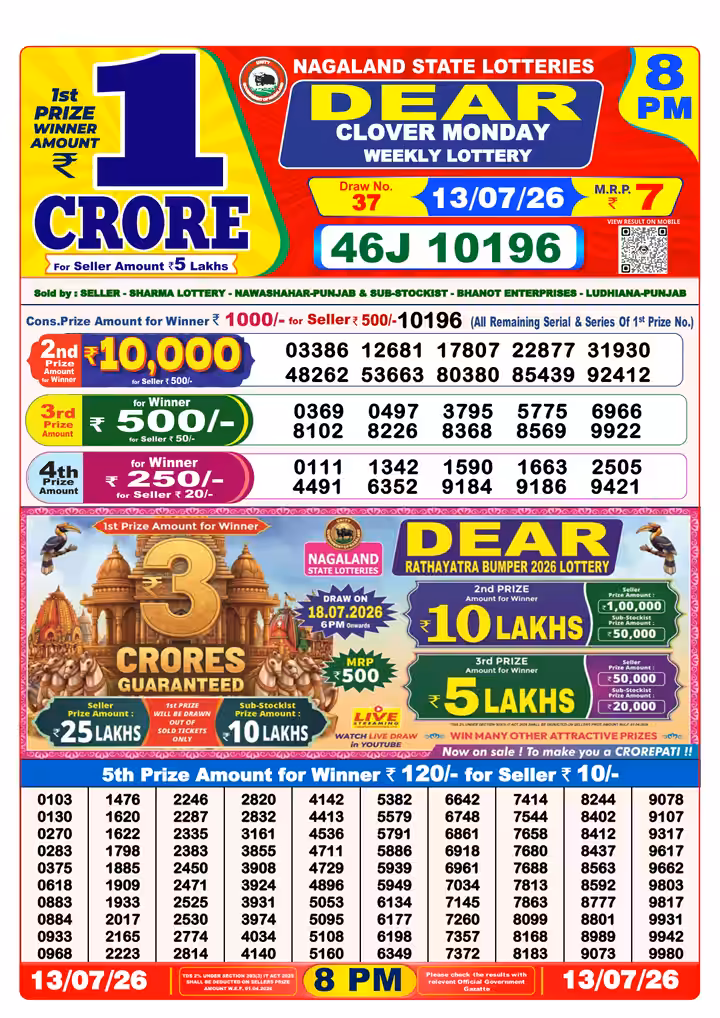 Dear Clover Monday Weekly Lottery 8 PM 13 Jul 2026