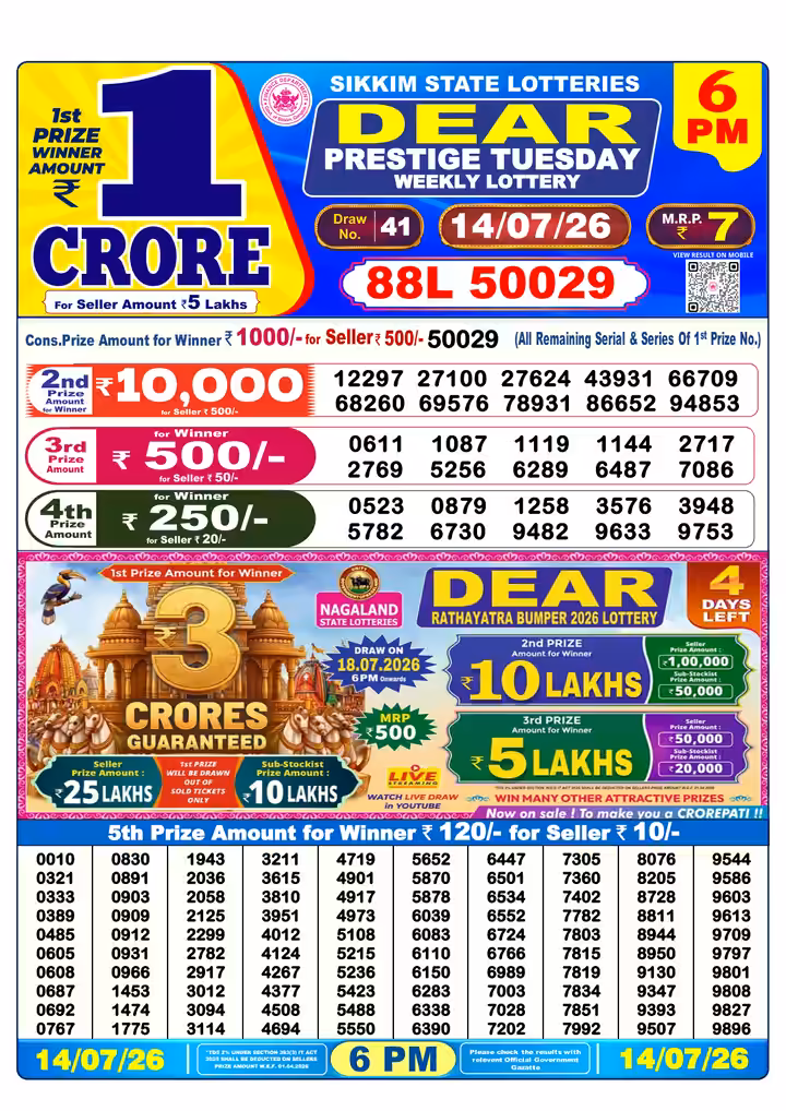 Dear Prestige Tuesday Weekly Lottery 6 PM 14 Jul 2026