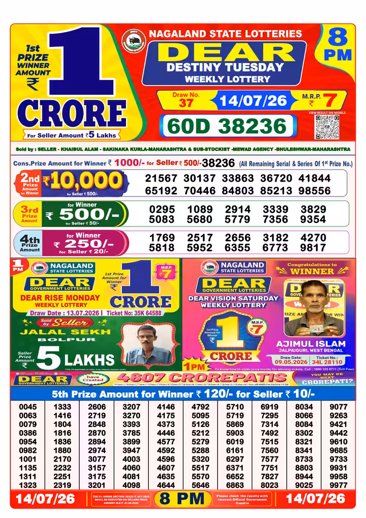 Dear Destiny Tuesday Weekly Lottery 8 PM 14 Jul 2026