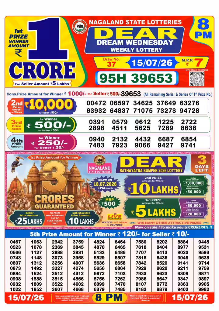 Dear Dream Wednesday Weekly Lottery 8 PM 15 Jul 2026