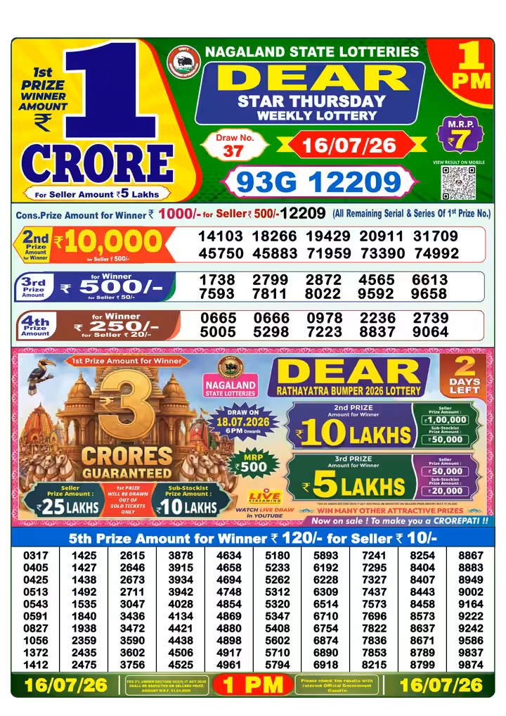 Dear Star Thursday Weekly Lottery 1 PM 16 Jul 2026