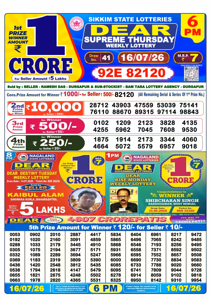 Dear Supreme Thursday Weekly Lottery 6 PM 16 Jul 2026