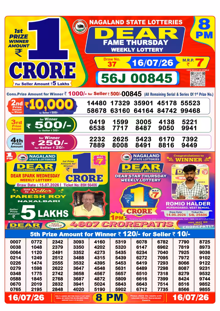 Dear Fame Thursday Weekly Lottery 8 PM 16 Jul 2026