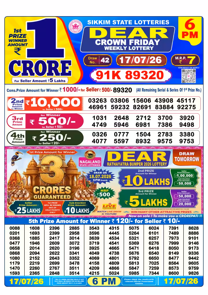 Dear Crown Friday Weekly Lottery 6 PM 17 Jul 2026