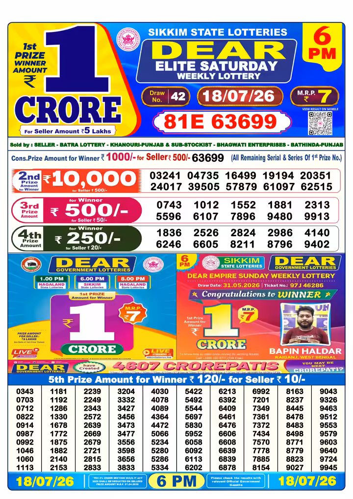 Dear Elite Saturday Weekly Lottery 6 PM 18 Jul 2026
