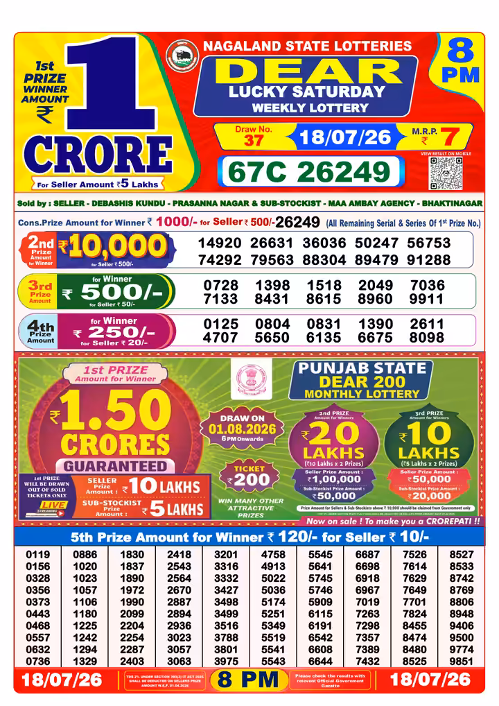 Dear Lucky Saturday Weekly Lottery 8 PM 18 Jul 2026