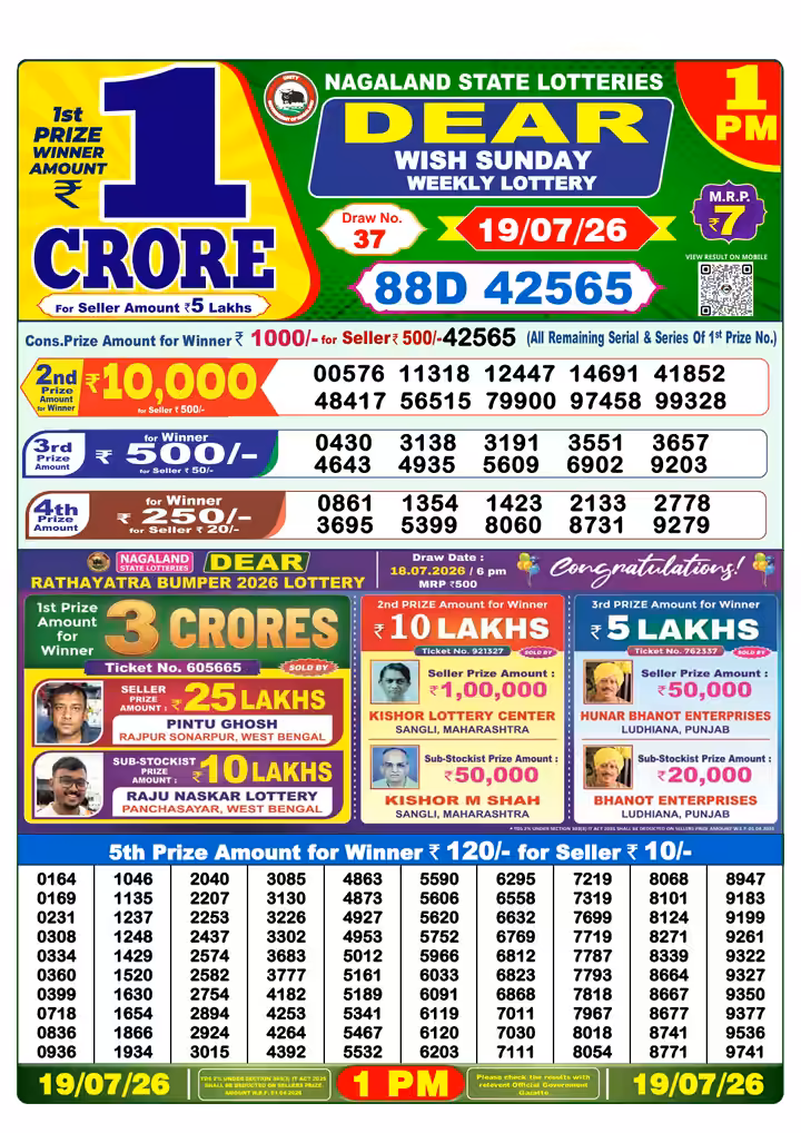 Dear Wish Sunday Weekly Lottery 1 PM 19 Jul 2026