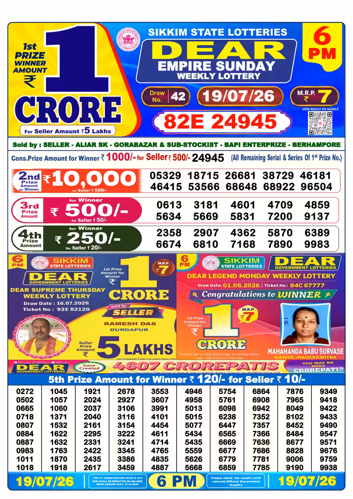 Dear Empire Sunday Weekly Lottery 6 PM 19 Jul 2026