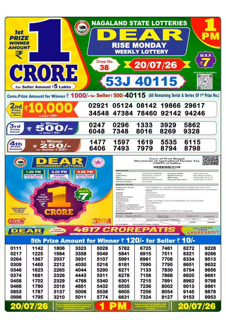 Dear Rise Monday Weekly Lottery 1 PM 20 Jul 2026