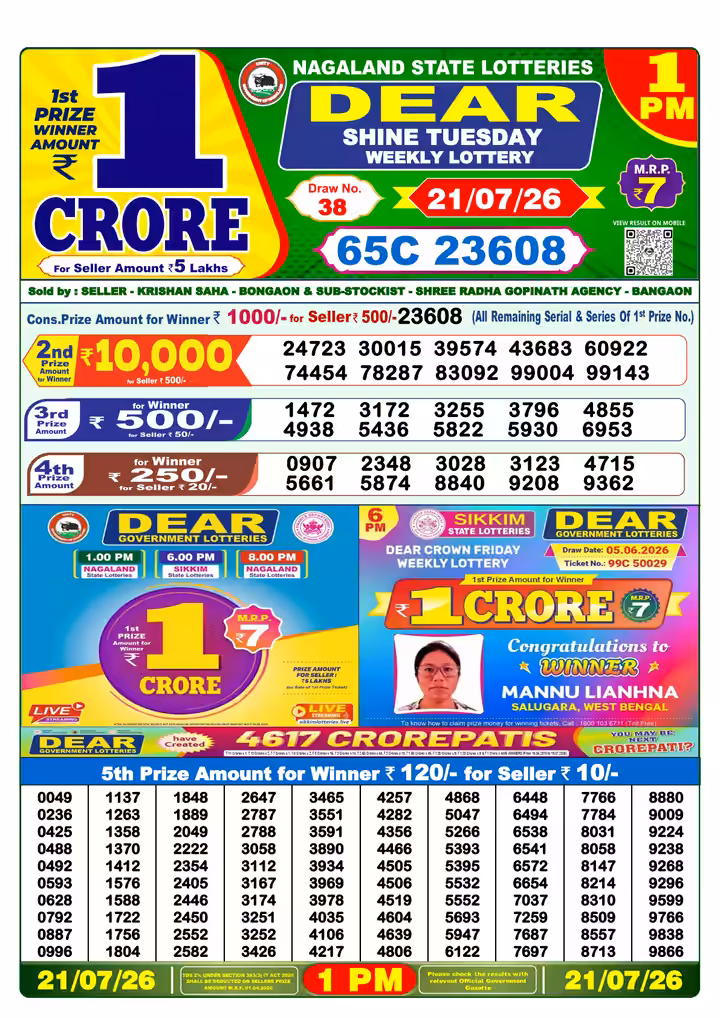 Dear Shine Tuesday Weekly Lottery 1 PM 21 Jul 2026