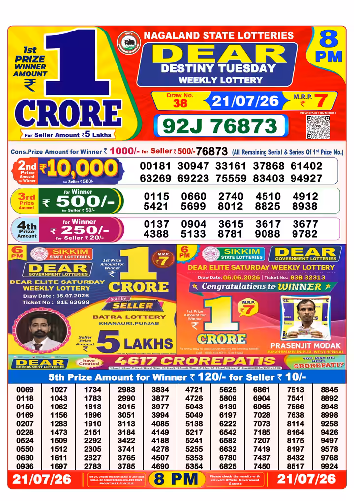 Dear Destiny Tuesday Weekly Lottery 8 PM 21 Jul 2026