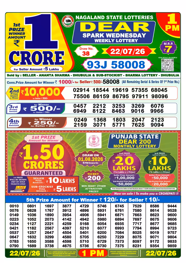 Dear Spark Wednesday Weekly Lottery 1 PM 22 Jul 2026