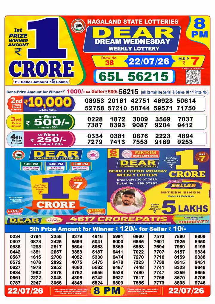 Dear Dream Wednesday Weekly Lottery 8 PM 22 Jul 2026