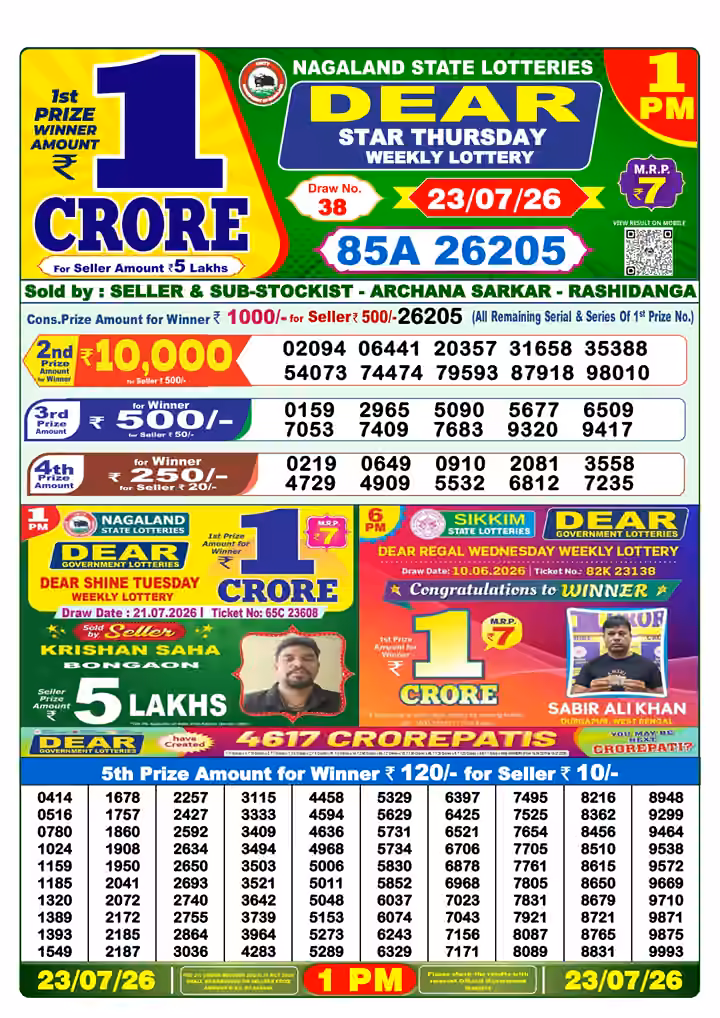 Dear Star Thursday Weekly Lottery 1 PM 23 Jul 2026