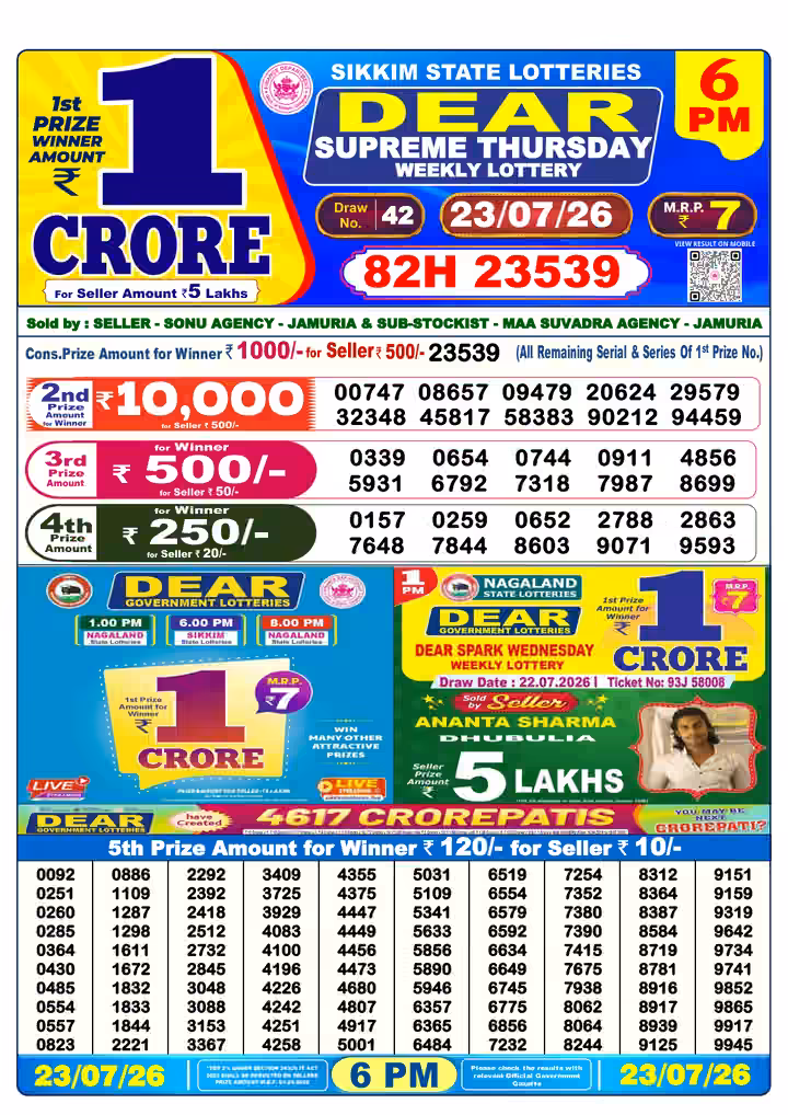 Dear Supreme Thursday Weekly Lottery 6 PM 23 Jul 2026