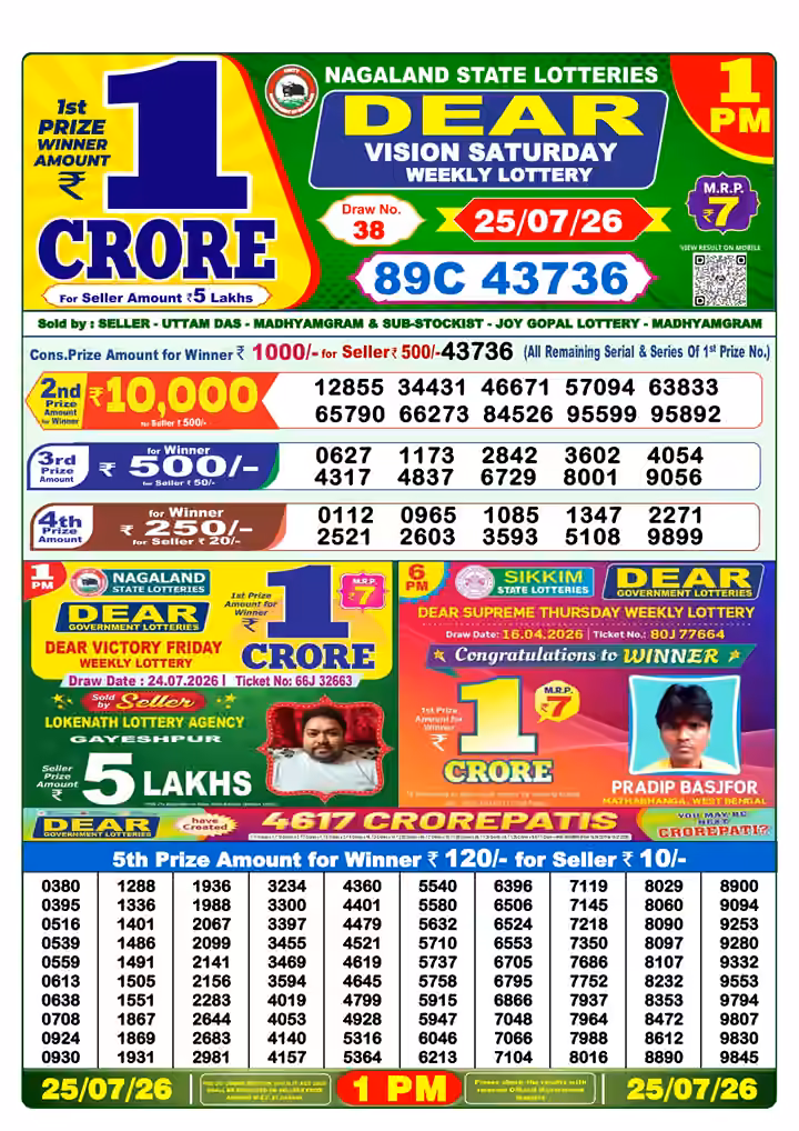 Dear Vision Saturday Weekly Lottery 1 PM 25 Jul 2026