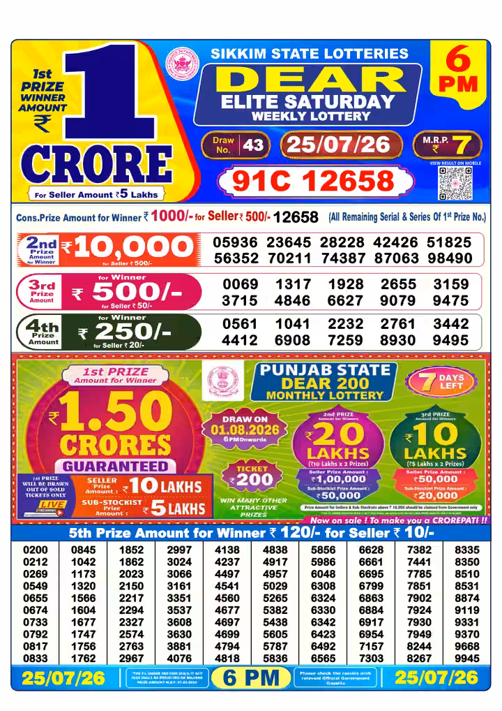 Dear Elite Saturday Weekly Lottery 6 PM 25 Jul 2026