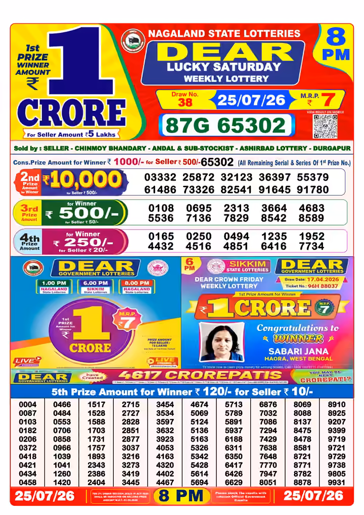 Dear Lucky Saturday Weekly Lottery 8 PM 25 Jul 2026