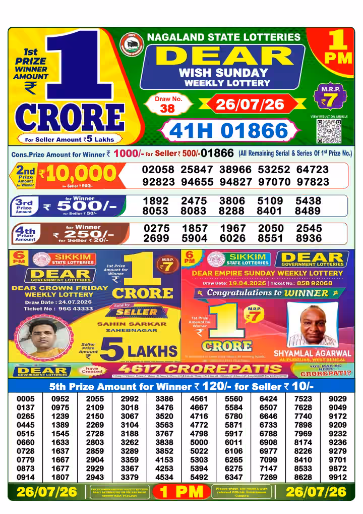 Dear Wish Sunday Weekly Lottery 1 PM 26 Jul 2026