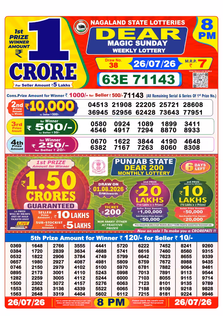 Dear Magic Sunday Weekly Lottery 8 PM 26 Jul 2026