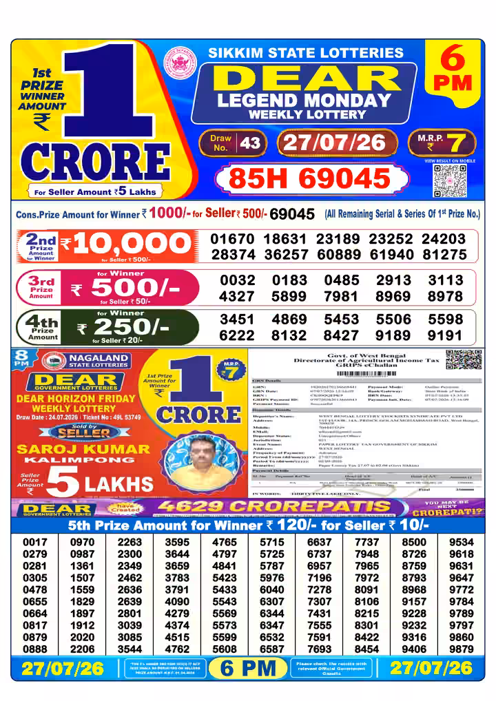Dear Legend Monday Weekly Lottery 6 PM 27 Jul 2026